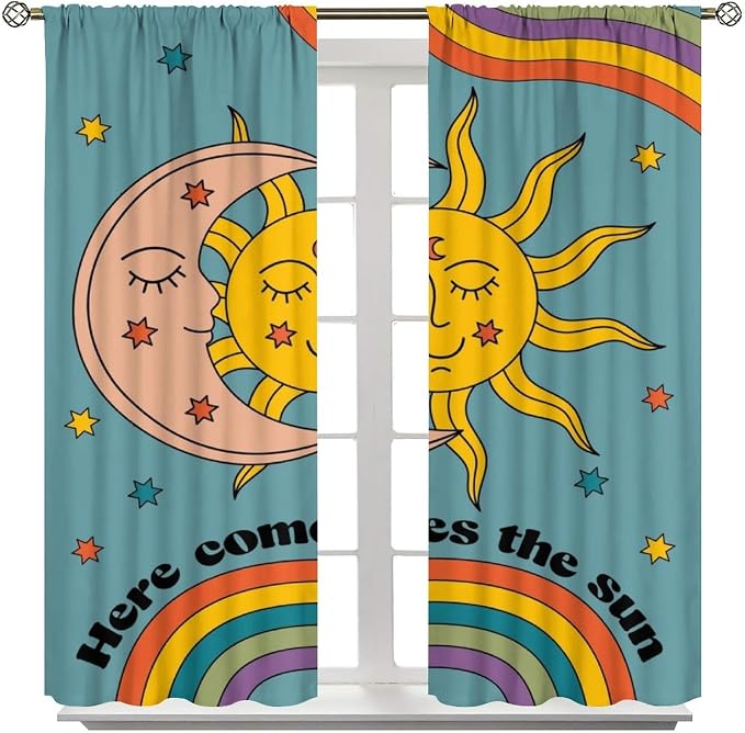 Boho Retro Moon Blackout Curtains, Abstract Vintage 70s Rainbow Mid Century Colour Art Print Window Drapes, for Living Room Bedroom 72x63in 2 Panels