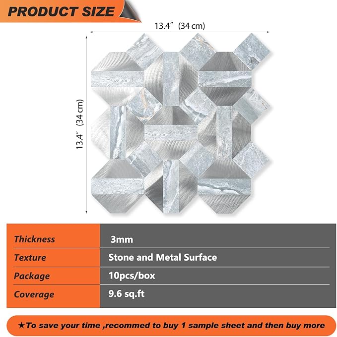 10-Sheets Peel and Stick Backsplash Tiles, PVC Marble Mixed Metal Look,Heat Resistant Stick on Tiles for Kitchen Wall,Bathroom,Laundry Room (Blue Marble & Silver)