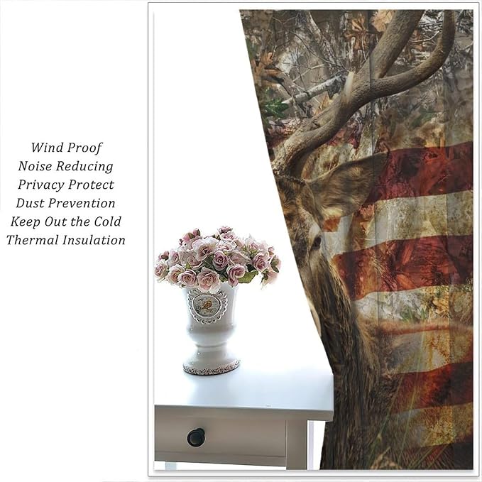 Vintage Bear Blackout Curtains for Kitchen Vintage Country Farmhouse Camouflage Forest Hunting Cabin American Flag Wild Elk Animal Windows Treatments for Bedroom Living Room 42x63in