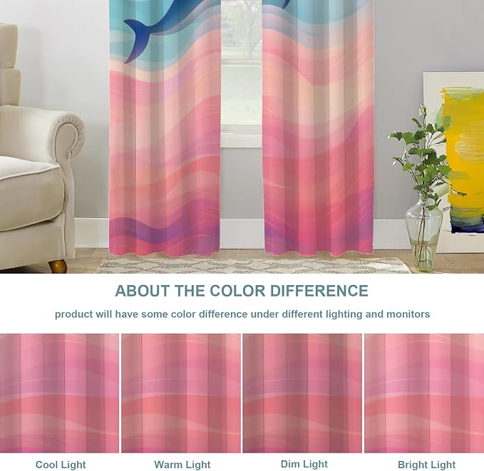 Shrahala Whale Waves Thermal Insulated Blackout Window Curtains, Whale in Colorful Waves Long Drapes for Bedroom/Living Room with Plastic Grommet, 52X84 Set of 2
