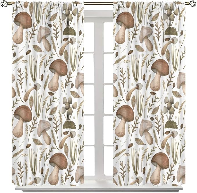 Watercolor Mushroom Curtains, Rustic Vintage Country Wild Mushroon Plants Leaves Print Blackout Window Drapes for Home Kitchen Bedroom Livingroom, 42" W X 63" L