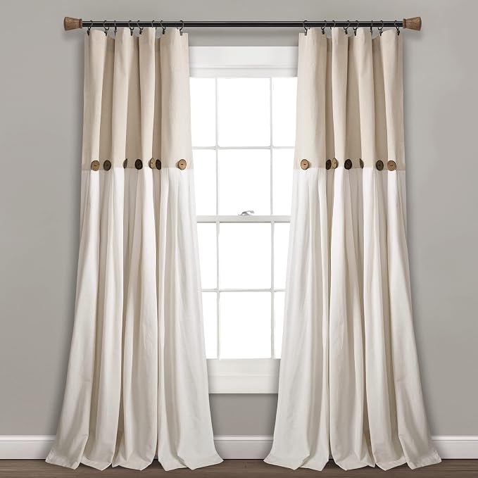Lush Decor Linen Button Window Curtain Panel, Single, 40" W x 108" L, Off White - Country Curtains - Rustic Decor - Color Block Modern Farmhouse Curtains For Living Room, Bedroom & Dining Room