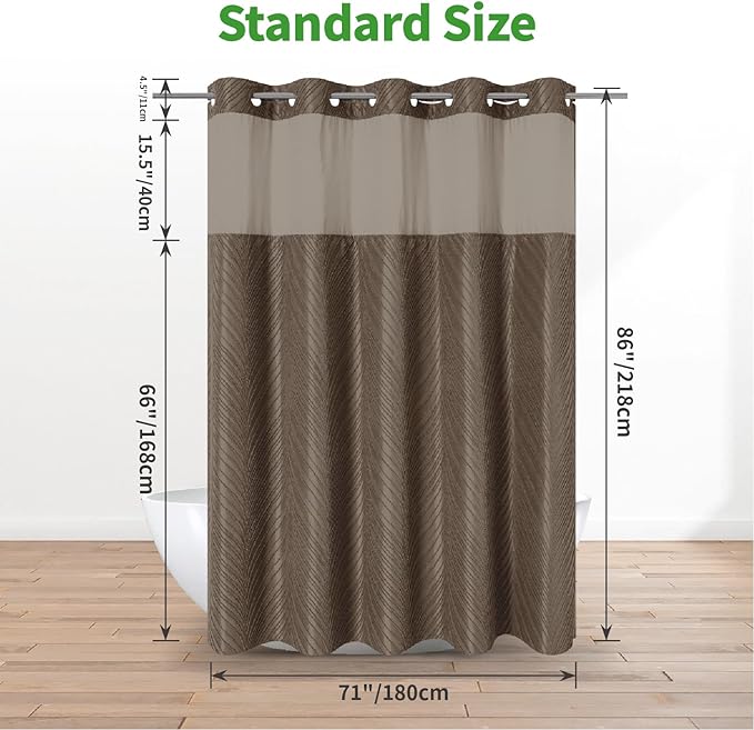 eachope no Hook Shower Curtain and Liner Set,Boho Style with See Through Top Window, Brown Fabric Tufted Striped Textured Outer Curtain & Waterproof Inner Liner, Brown, 71Wx86H