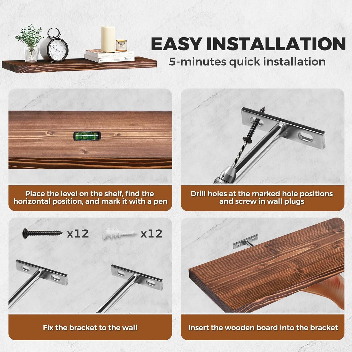 Floating Wall Shelves 2-Pack - 24-Inch Rustic Brown Wooden Shelves for Storage and Décor, Easy Installation for Living Room, Bedroom, and Kitchen