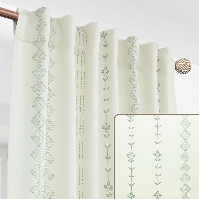 Cream and Green Cottage Core Curtains Semi Blackout, Botanical French Country Drapes for Bedroom Living Room 84 Inches Long