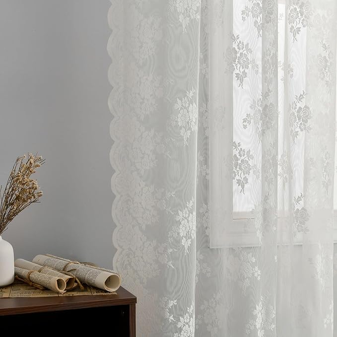 Kotile 30 Inch Length Lace Curtains Short for Door Small Windows, 2 Panels Rustic Floral Retro Vintage Short Lace Curtains, Rod Pocket Privacy Sheer Kitchen Café Curtain, 42 x 30 Inch, Ivory