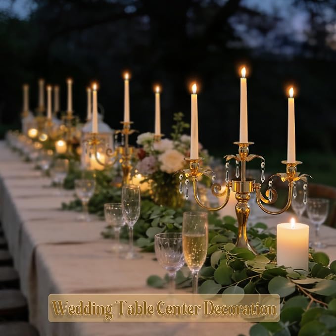 Metal 3 Arm Gold Candelabra with Crystal Pendants - 11.8 Inch Tall Candle Holders, Set of 6 - Elegant Taper Candlestick Stand for Wedding, Dining Table, Party Home Decoration