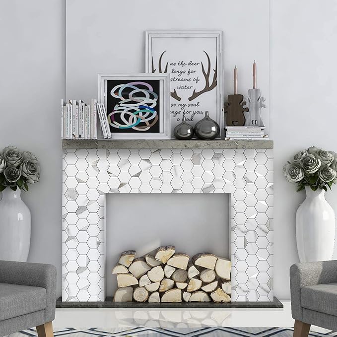 DICOFUN 1 Sheet Hexagon Tile Peel and Stick Backsplash, White Marble Look PVC Mixed Silver Metal Mosaic Tiles for Kitchen and Bathroom