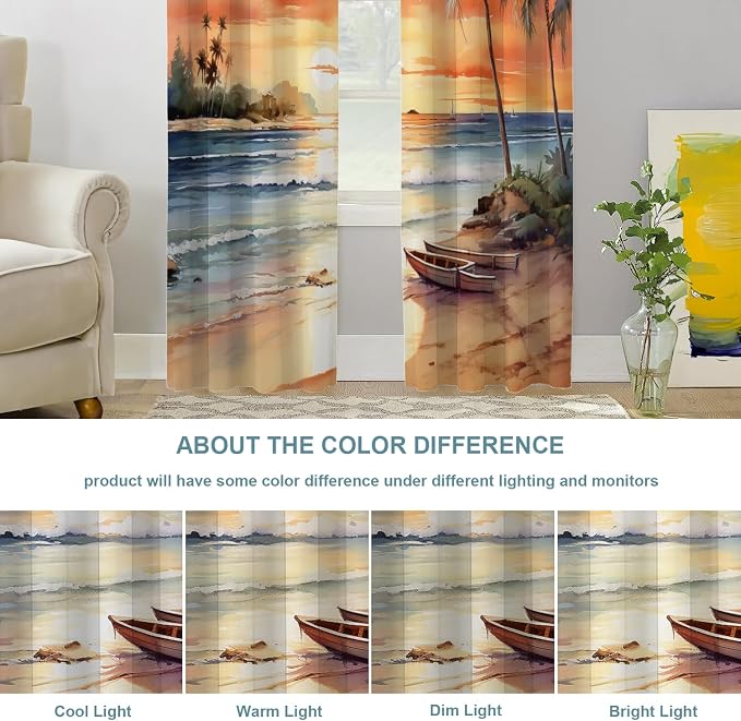Shrahala Sunset Beach Thermal Insulated Blackout Window Curtains, Tropical Seaside Scene Long Drapes for Bedroom/Living Room with Plastic Grommet, 52X84 Set of 2