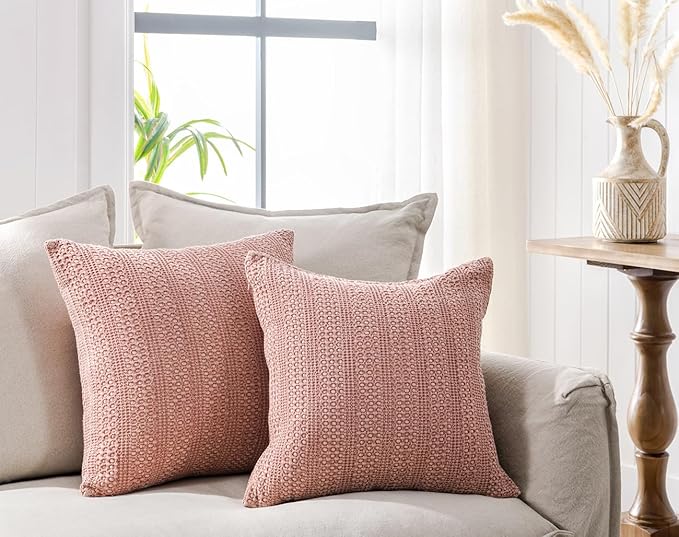 18x18 Throw Pillow Covers Set of 2 Boho Decorative Pillow Shams Stone Washed Cotton Pillowcase Waffle Square for Couch Sofa Chair Bed Car,Coral Pink