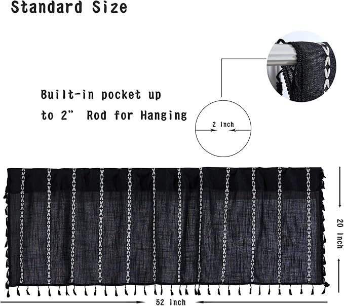 RoomTalks Black Boho Kitchen Valances for Windows, 18’’L x 52’’W Gothic Moody Striped Farmhouse Vintage Country Cottage Textured Tassel Curtain Valances for Bathroom Living Room