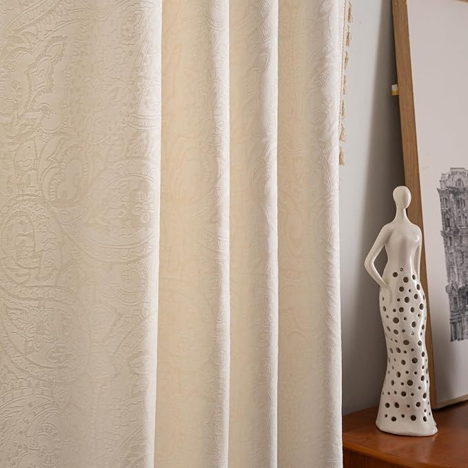 ENJOYBRIDAL Paisley 63 Inch Curtains for Bedroom Living Room Drapes Jacquard Semi Sheer Off White Short Window Curtain Panels Rod Pocket 2 Panels Set Boho Farmhouse Floral Cream Window Treatments