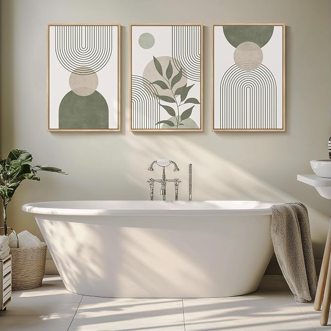 Framed Sage Green Boho Wall Art for Living Room, 3 Piece Minimalist Beige and Green Bohemian Artwork for Walls, Large Geometric Leaf Line Boho Paintings Prints for Bedroom Hallway Wall Decor, 16x24 In