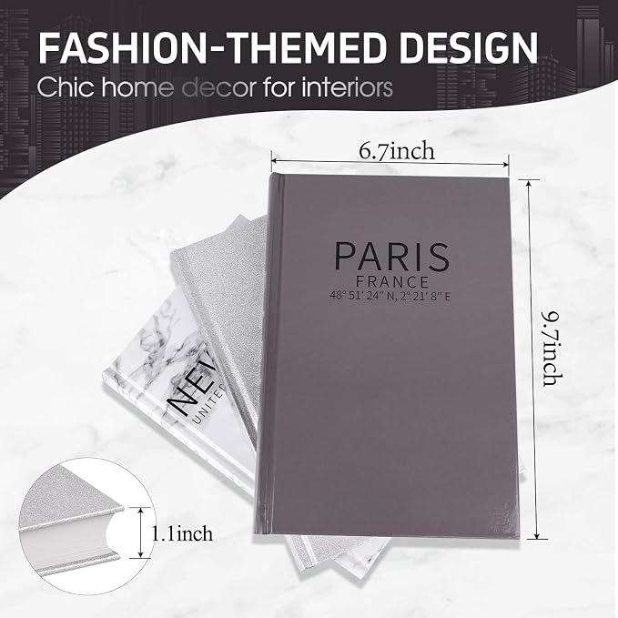 Set of 3 Decorative Books for Home Decor-Silver Foil Stamping Decor Books,Fashion Designer Books for Coffee Tables and Book Shelf Decoration