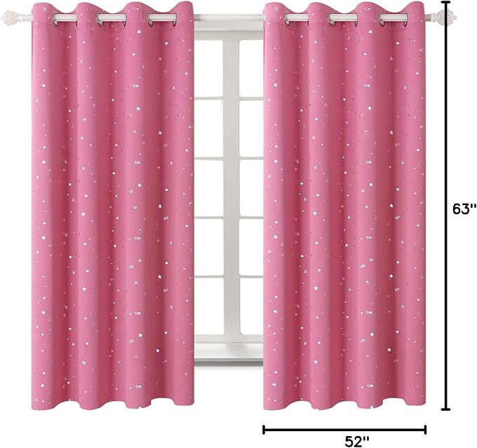 BGment Pink Star Blackout Curtains for Kid's Bedroom - Grommet Thermal Insulated Room Darkening Printed Curtains for Living Room, Set of 2 Panels, 52 x 63 Inch