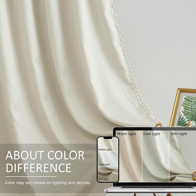 Treatmentex Pompom Window Curtain Panels Natural 45" Long Small Window Curtain Ivory Curtain Drapes for Basement Laundry Room Darkening Curtains 2Panels