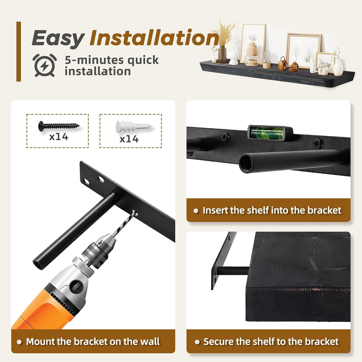 36"x6.8"x1.6" Slanted Floating Wall Shelves 2-Pack - Rustic Black Finish, Heavy-Duty Solid Wood Design with Hidden Brackets - Perfect for Living Room, Kitchen, Bathroom, or Office