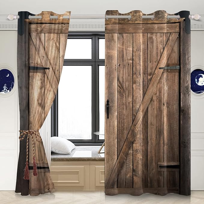 Rustic Curtains Vintage Wood Barn Door Old Garage Door American Native Country Farmhouse Farm Style Rural Art Architecture Living Room Bedroom Window Drapes Treatment,53x45 inch,2 Panels