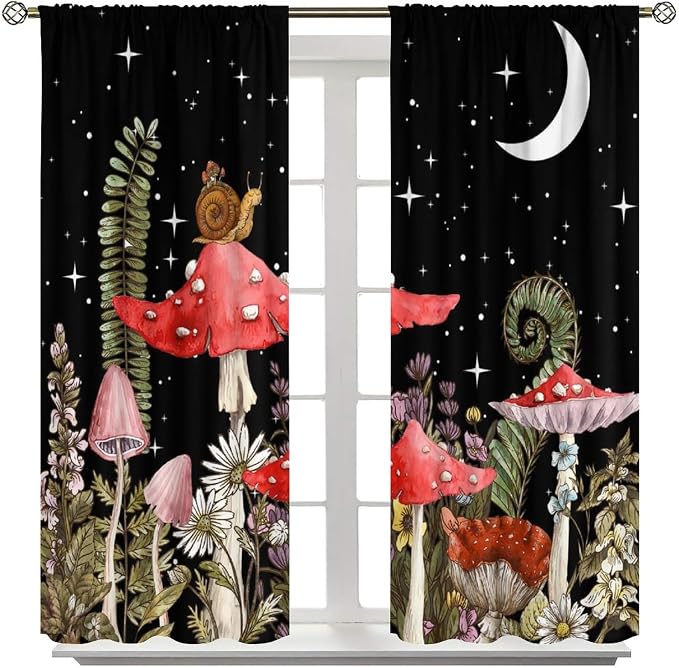 Retro Mushroom Curtains, Rustic Gothicwatercolor Red Pink Mushroom Boho Nature Ferns Botanical Wild Flowers Blackout Window Curtains for Farm Kitchen Bedroom, 42" W X 63" L