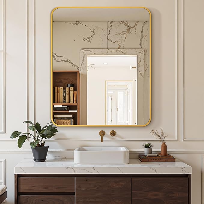 Delma Bathroom Vanity Mirror, Black Framed Bathroom Mirror for Over Sink, High-Definition Bathroom Mirror, Versatile Bathroom Vanity Mirror, Hangs Horizontally or Vertically(36x30, Gold)