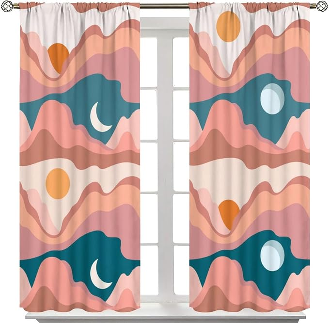 Sun Moon Blackout Curtains, Bohemian Desert Mountains Sun Moon Abstract Modern Mid Century Window Drapes, for Bedroom Living Room 52" W X 84" L