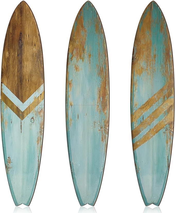 Yookeer 3 Pcs Surfboard Wall Decor,36" x 12" Large Wooden Coastal Beach Wall Decor Set, Aesthetic Cute Beachy Tropical Surf Board Art for Room Bedroom Decoration(Blue,Rustic)