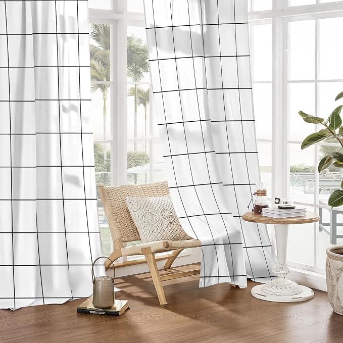 Black and White Curtains,Plaid Curtains 84 Inches Long for Living Room Bedroom,Farmhouse Rustic Gingham Checkered Rod Pocket Light Filtering Modern Woven Stripes Privacy Drapes 2 Panels