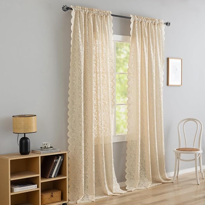 ALIGOGO Lace Beige Boho Curtains 96 Inches Long Set of 2 - Shabby Chic Semi Sheer Floral Curtains for Dining Room Rod Pocket Crochet Scalloped Edges Light Filtering Cottagecore Decor, 52 x 96 Inch