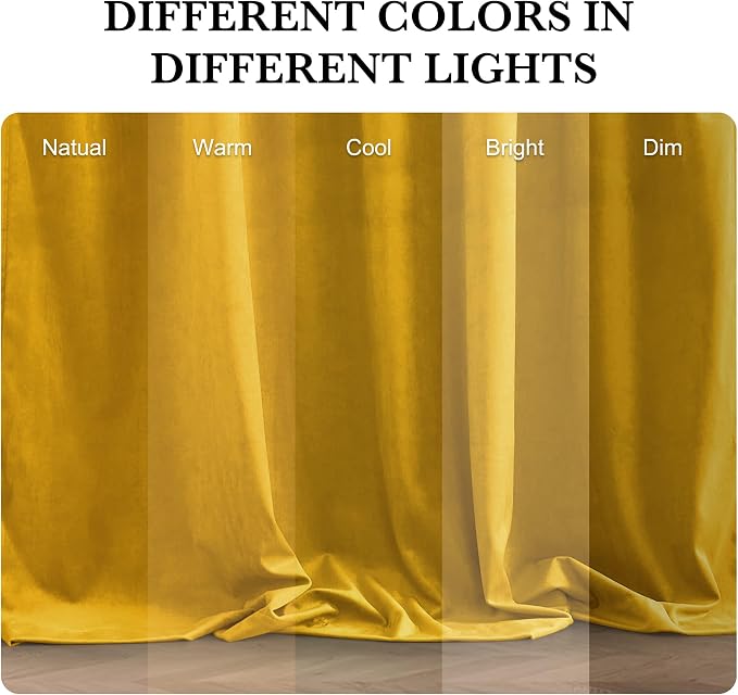 RYB HOME Mustard Yellow Velvet Curtains 96 inches, Back Tab Soft Fabric Room Darkening Thermal Insulated Luxurious Home Decor Curtains for Living Room Bedroom, W 52" x L 96", 2 Panels Set