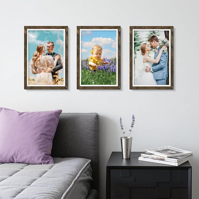 Picrit 12x18 Picture Frame 3 Pack, Wooden Brown Rustic Poster Frame, Display Poster 11 x 17 with Mat or 12 x 18 without Mat for Horizontal or Vertical Wall Mounting