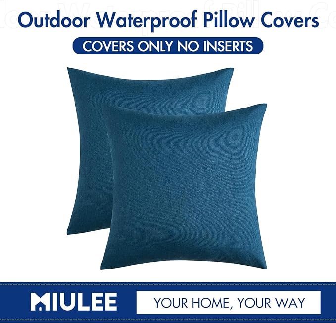 MIULEE Pack of 2 Decorative Outdoor Solid Waterproof Throw Pillow Covers Faux Linen Garden Farmhouse Coastal Cushion Cases for Summer Patio Tent Balcony Couch Sofa 12x12 Inch Blue