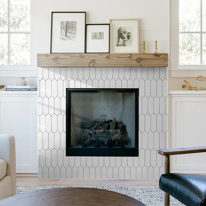 Vamos Tile 1 Sheet Glossy White Backsplash Tile Peel and Stick, 12.8 x 12.8 Inch Long Hexagon PVC Self Adhesive Mosaic Wall Tiles Stick on Backsplash for Kitchen and Bathroom