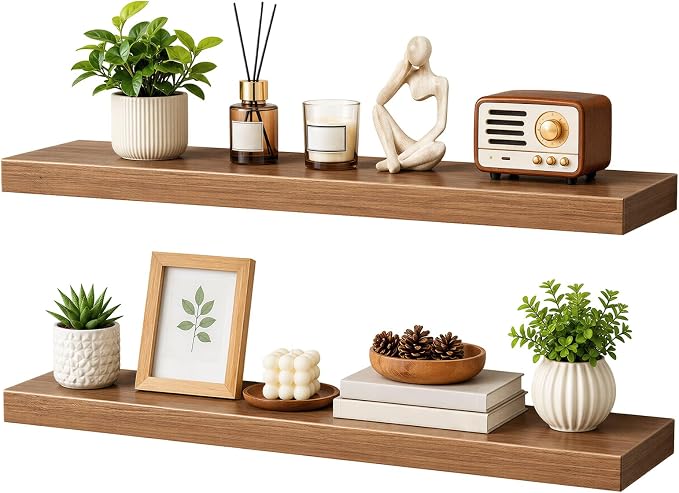 HOOBRO 31.5" Floating Shelves for Wall, Set of 2 Wall Mounted Shelf | Hanging Shelf with Invisible Brackets, for Wall Decor Storage in Bathroom Bedroom Kitchen Living Room Office, Walnut