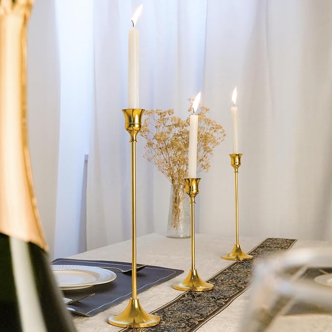 Metal Candle Holders for Candlesticks Taper Candlestick Holders Set Vintage Decorative Centerpiece Candelabra Tall Candle Stands (Gold, 2 Sets (6 pcs))