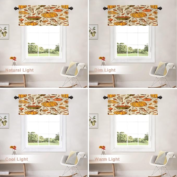 Shrahala Thanksgiving Seamless Pattern Blackout Short Curtains for Windows, Pumpkin Apple Pear Leaves Kitchen Valance Thermal Insulated Rod Pocket Window Treatment for Bathroom 2 Pack 52 X 16 in