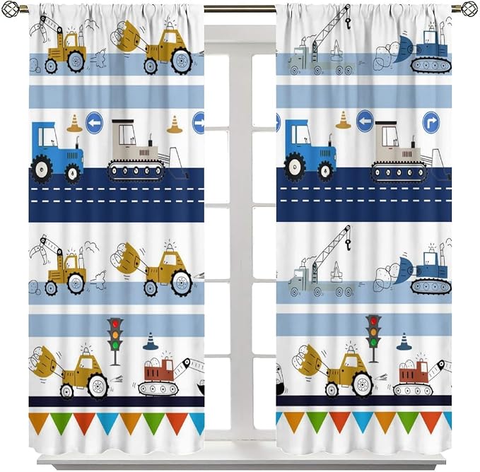 Cartoon Car Window Curtain,Equipment Trucks Excavator Tractor Kids Boys Home Decor Rod Pocket Bedroom Cafe Dining Room Living Room Kitchen Office Nursery Drapes, 84x84 in