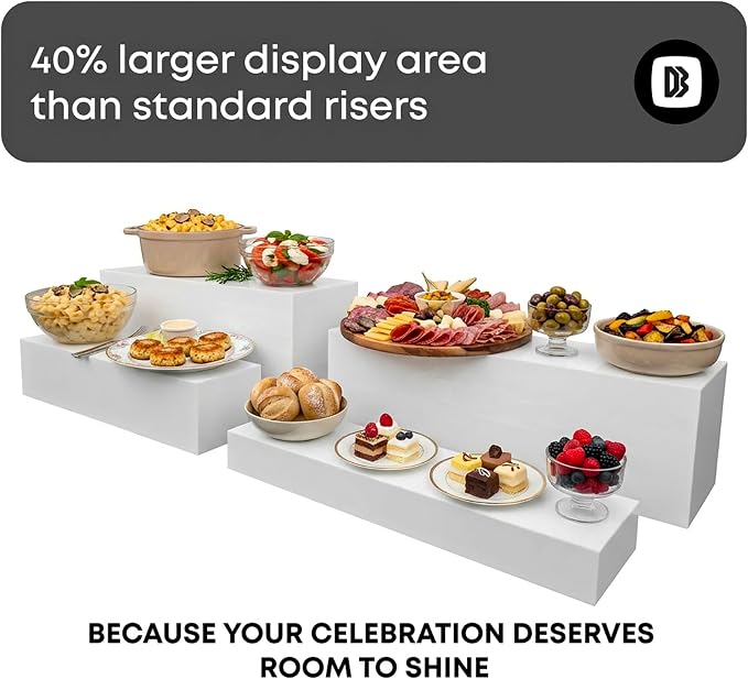 4cs Large Rectangle White Acrylic Buffet Riser Set Sizes (13" to 15") - Buffet Risers for Buffet Table, Display Stand Shelf for Catering Dessert Collectibles Jewelry Figures Show, Stackable Food Risers With Hollow Bottoms