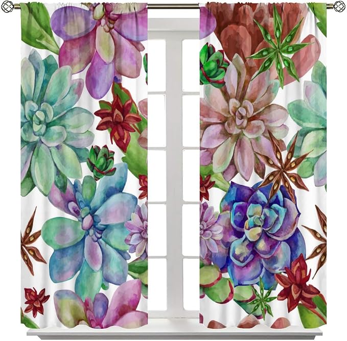 Succulents Tropical Plant Curtain Floral Boho Watercolor Summer Desert Botanical Vintage Garden for Home Kitchen Livingroom Coffee Room Window Drapes 2Panel 63" W X 63" L