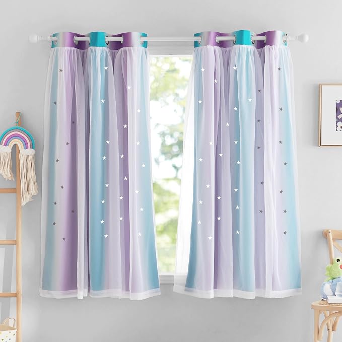 NICETOWN Kids Blackout Curtains Double Layers Sheer Overlay Elegant Decoration for Sliding Patio Door Star Cutout Window Covering with Tiebacks, 42" Wide x 63" Long, Teal & Purple, 2 Panels