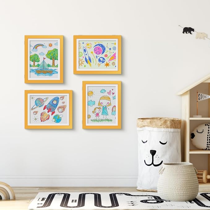 Kids Art Frames 8.5x11 Set of 2 - Front Opening Childrens Picture Frame Changeable, Wood Artwork Display Storage for Wall Mount, Magnetic Door Holds 50 Art Pieces for Drawings, 3D Picture, Crafts, Portfolio, Yellow