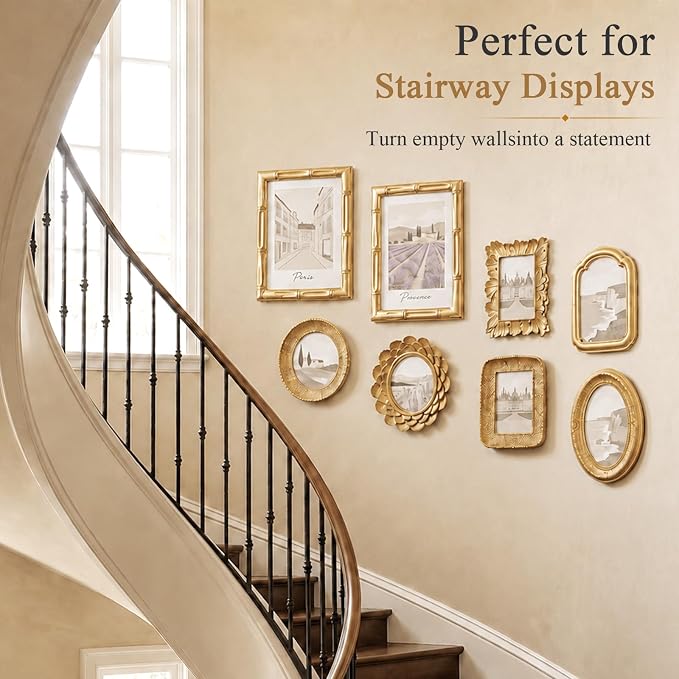 8 Pcs Gold Picture Frames Set for Gallery Wall, Gold Bamboo Frames Collage Assorted Sizes 8x10, 5x7 & 4x6, Modern Ornate Victorian Royal Decor for Wall Mount & Tabletop Display
