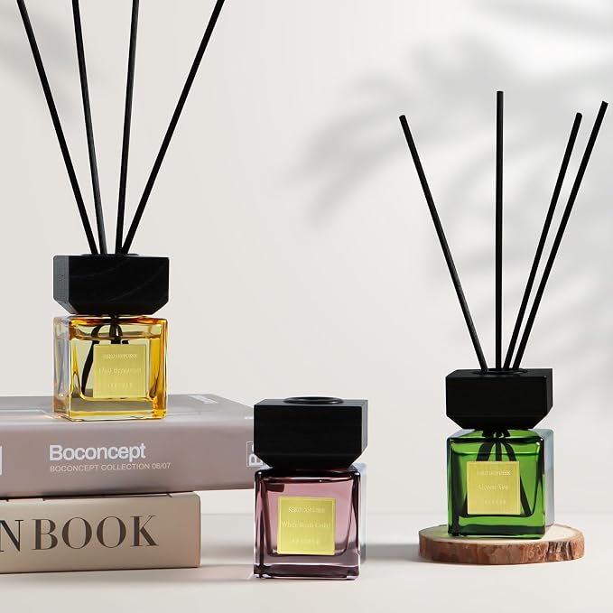 Reed Diffuser Set of 3, 50ml | White Birch Cedar & Oud Bergamot & Green Tea Tree Essential Oil, 15 Diffuser Sticks, Hotel Collection Bathroom Air Fresheners