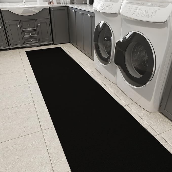 Ottomanson Aisle Runner Rug – Non-Slip Low Pile Carpet Runner for Long Hallways & Corridors, Stain Resistant & Easy to Clean, Solid Black, 2'7" x 30'