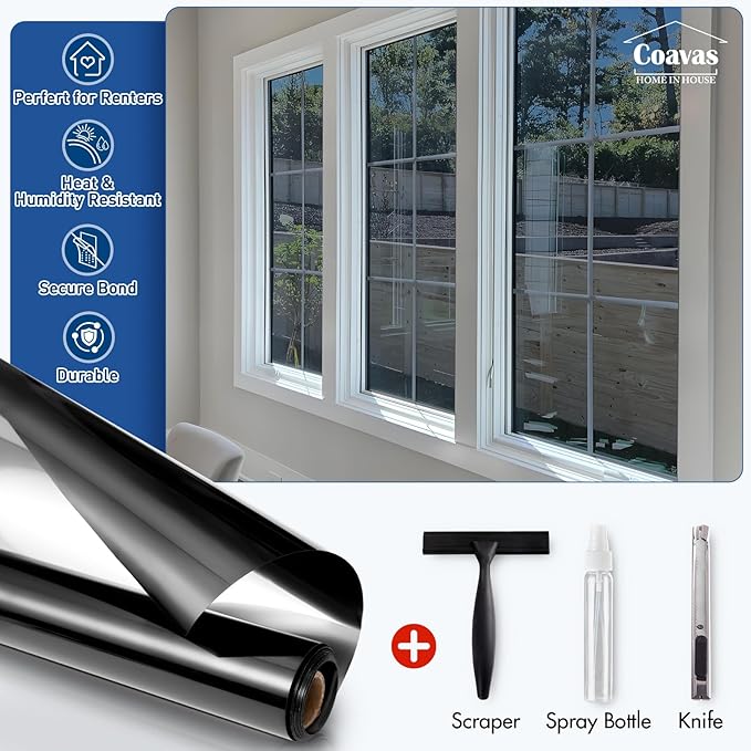 Coavas One Way Privacy Window Tint for Home, Daytime Reflective Mirror Glass Film See Out Not in, Heat & UV Blocking for Balcony/Living Room Large Windows with 3 Tools, 35.4 x 394 Inch, Black