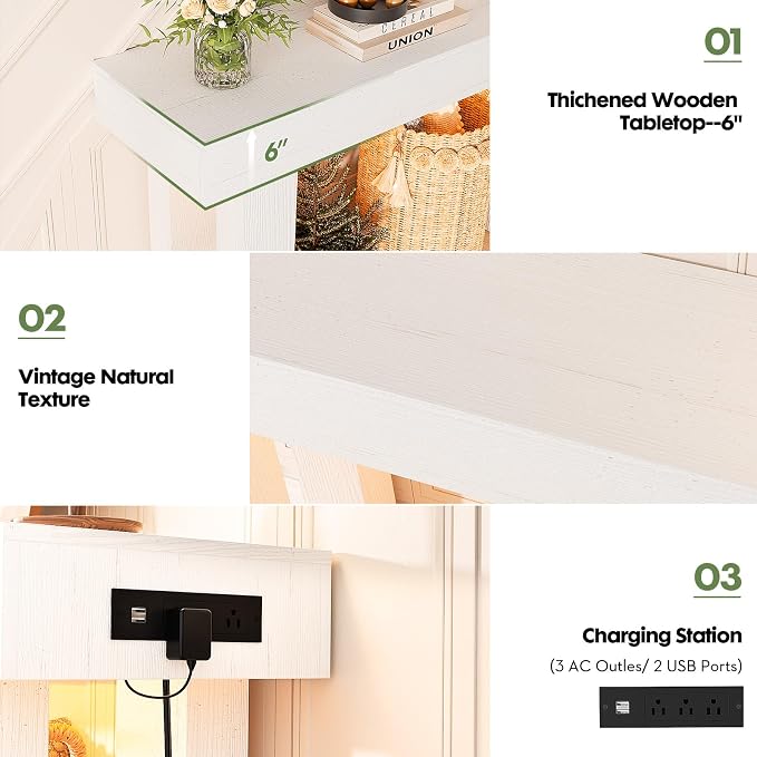 Unikito 47" Entryway Table with Socket and Sensor Light, Narrow Console Table with Storage Behind Couch, Farmhouse Entry Way Tables with Open Storage for Entrance/Hallway/Living Room, Rustic White