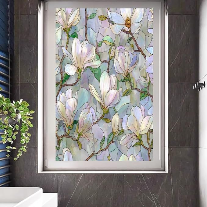 Vintage Magnolia Flower Privacy Window Film, Elegant White Floral Frosted Self-Adhesive Vinyl Cling for Glass Doors Bathroom Windows Sun Blocking Heat Control, 35.4Wx55.1L inch