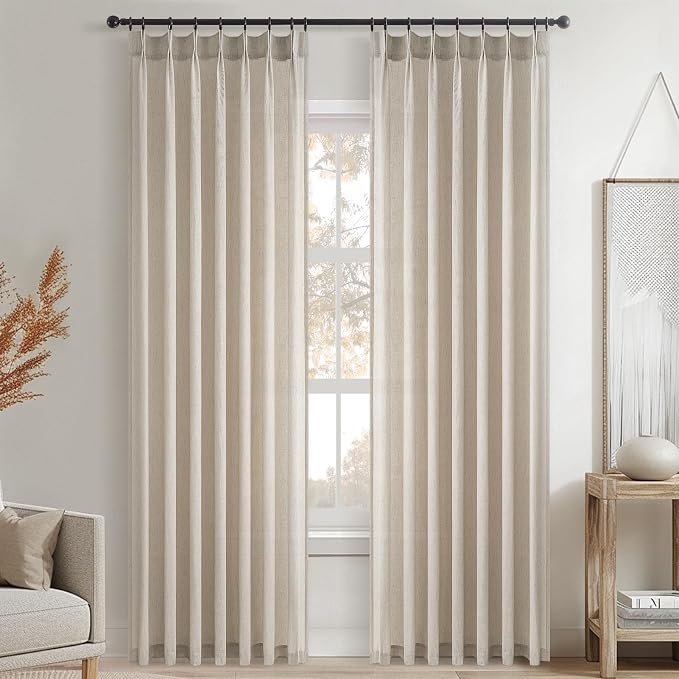 Topfinel 105 Inch Pinch Pleated Linen Curtains 1 Panels,Oatmeal Semi Sheer Curtains with Pleated Hooks Back Tab for Track System,Extra Long 8.75ft Curtain for Living Room Bedroom,72x105,Beige