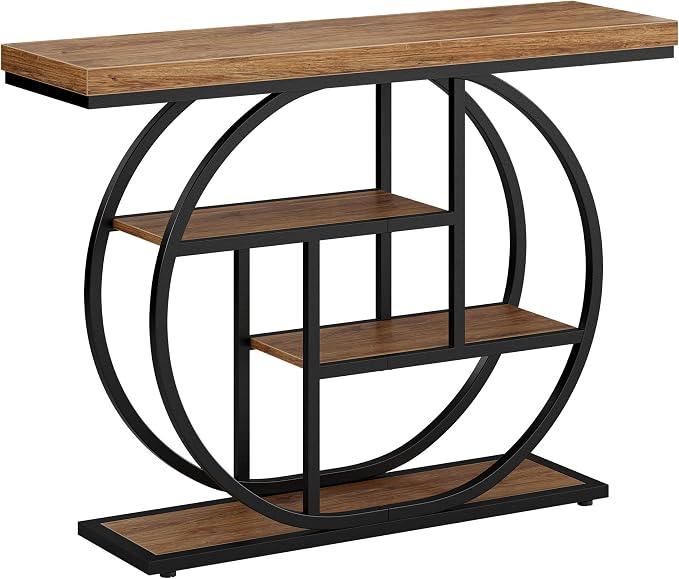 41.3" Console Table, Modern Sofa Table with Circle Base, 4-Tier Narrow Entryway Table for Hallway, Slim Industrial Accent Table with Storage Shelves for Living Room, Rustic Brown