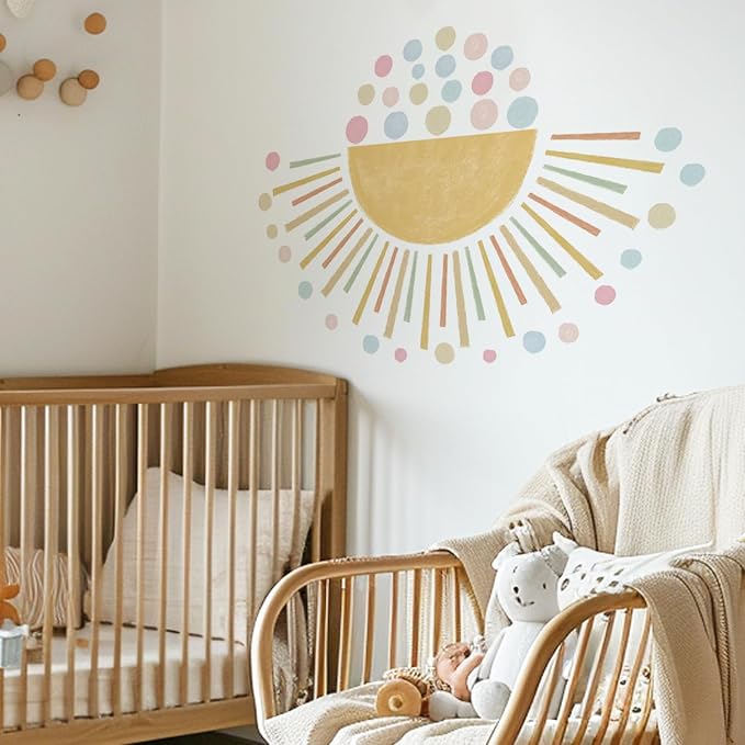 Vibrant Large Half Sun Wall Decals Peel and Stick, Self Adhesive Colorful Polka Dots Wall Sticker, Wall Art Decor Sunrise Wall Stickers for Girls Bedroom Playroom Nursery Room