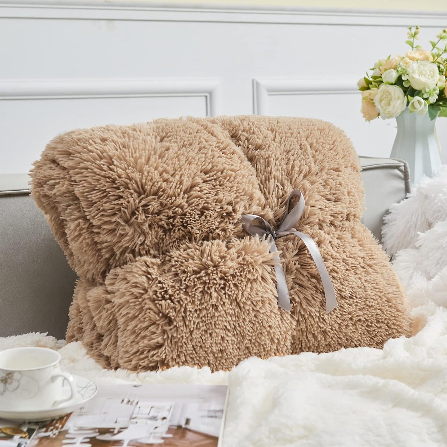 GONAAP Fuzzy Faux Fur Throw Blanket Queen Size Brown Super Soft Cozy Plush Fuzzy Shaggy Blanket for Couch Sofa Bed (Brown, Queen(90"x90"))